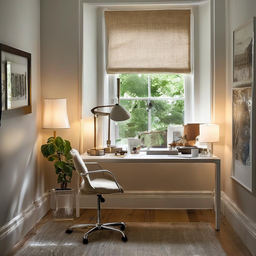 Light filled minimalist desk with soft lamps