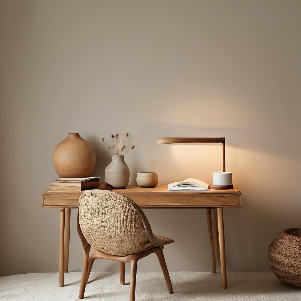 Natural wood workspace with organic accents