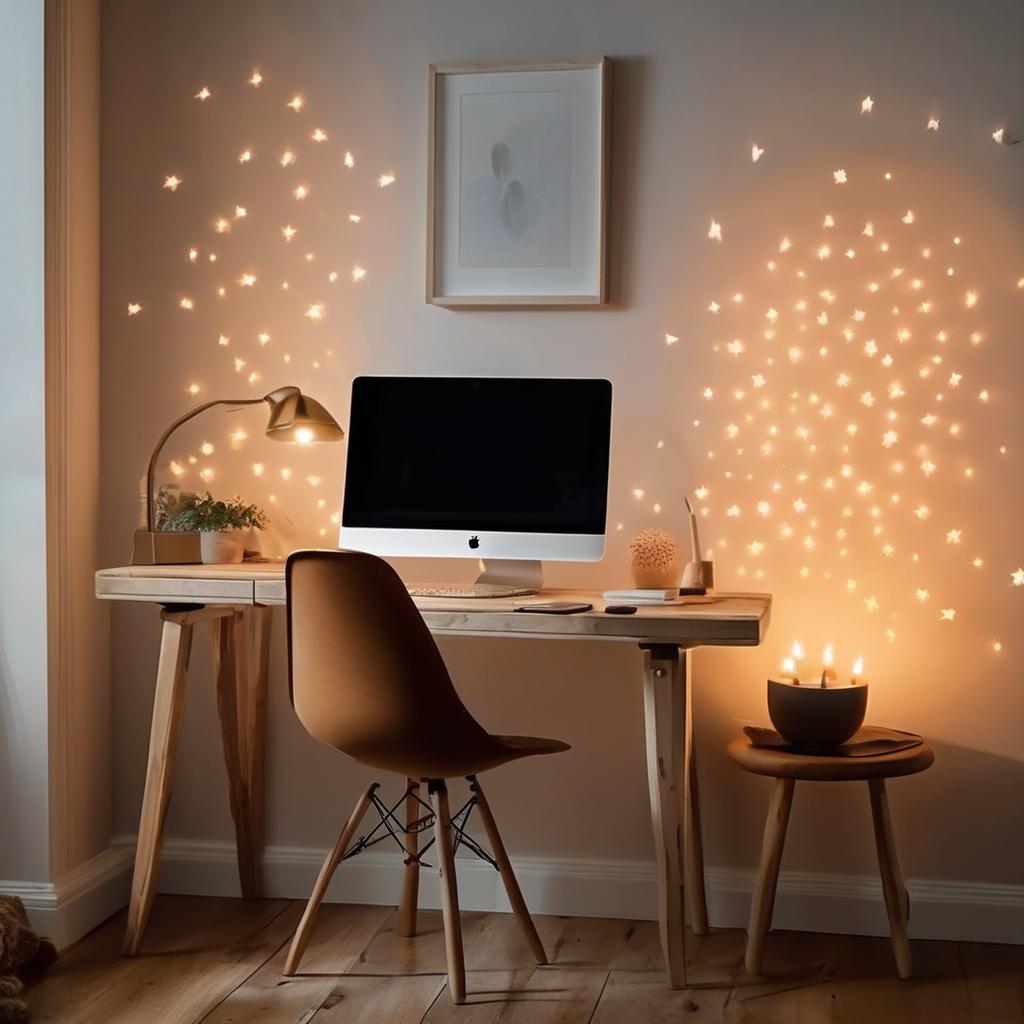 Use soft lighting to reduce screen glare and improve atmosphere for home office comfort