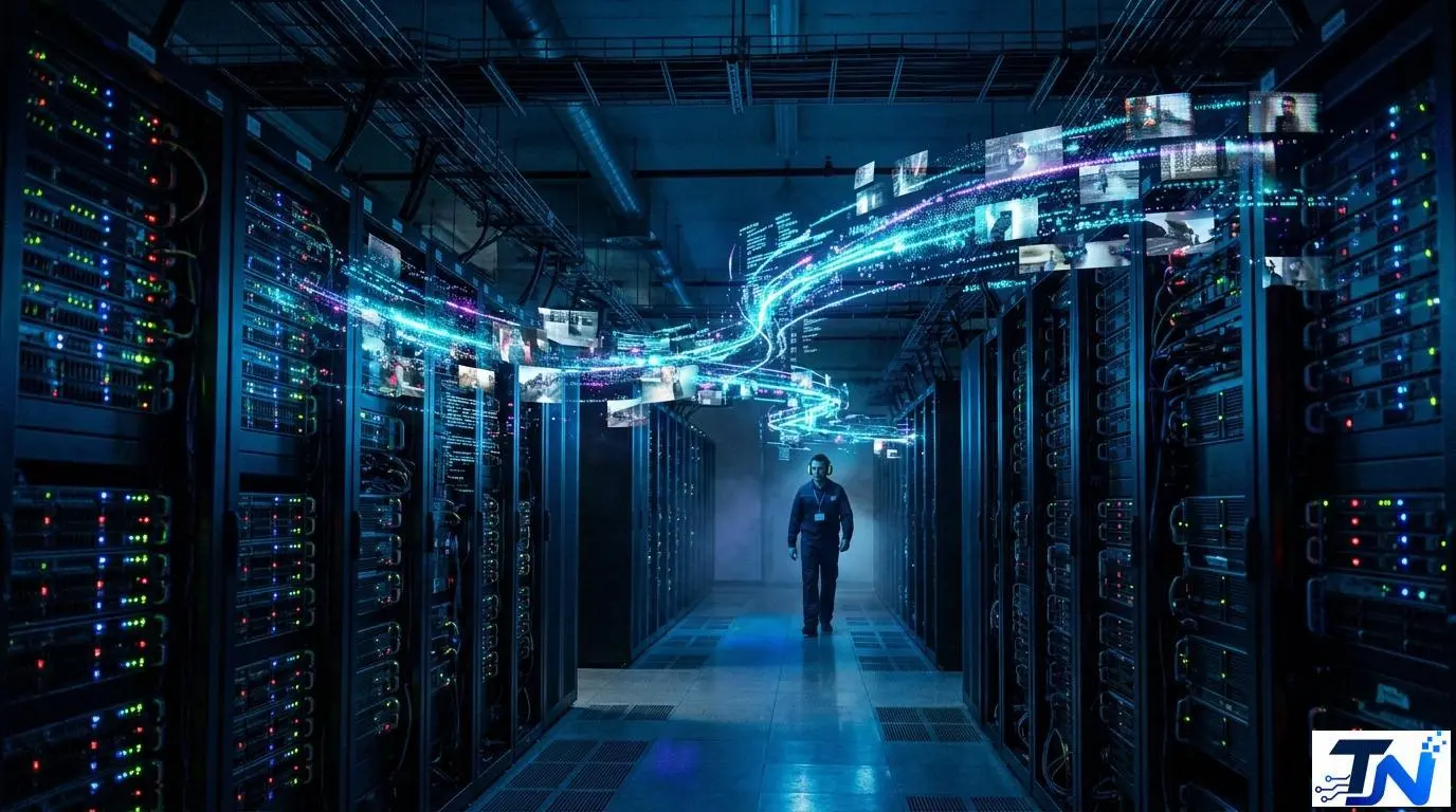 A dark server room with glowing data streams representing AI training on recorded video footage.