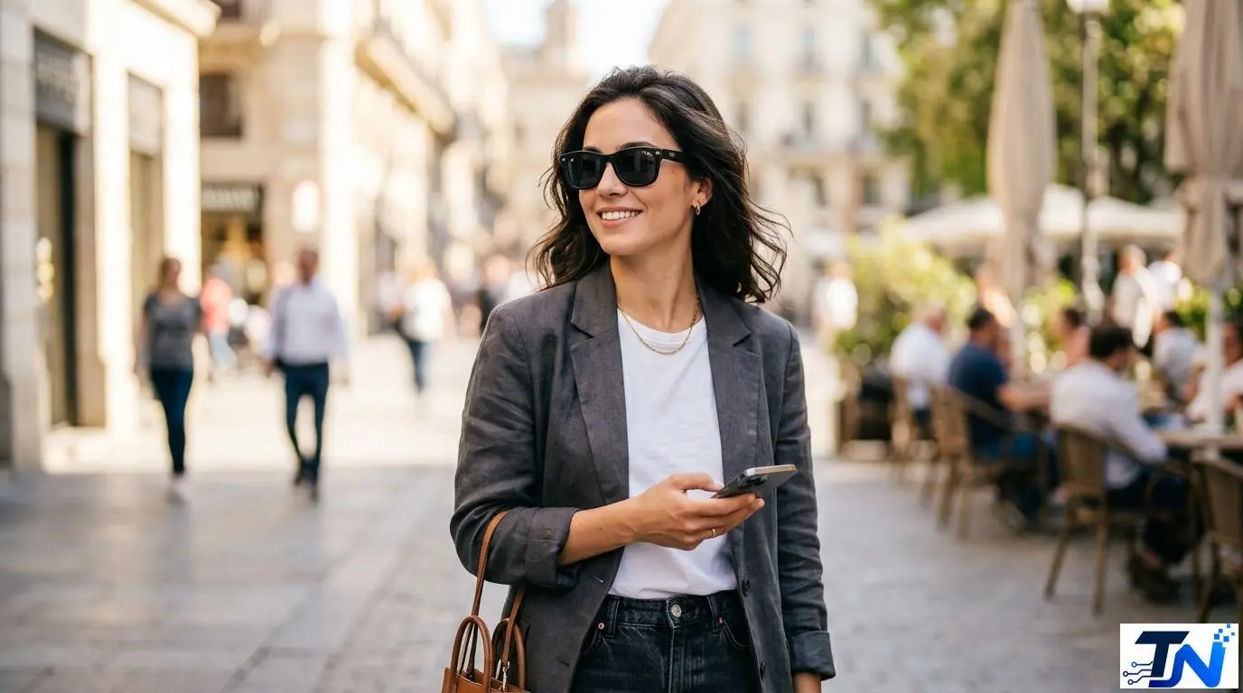 A person wearing stylish Meta Ray-Ban smart glasses with a discreet embedded camera in an urban setting.