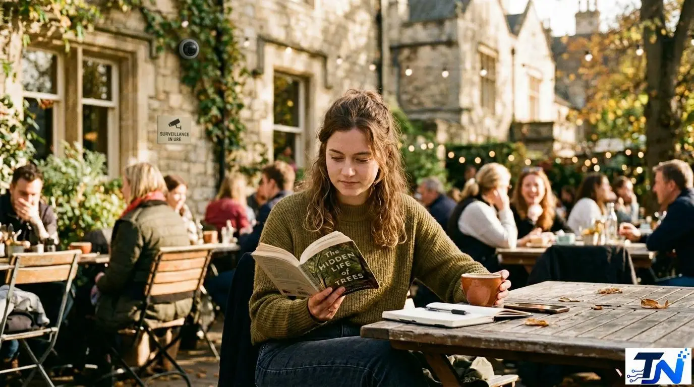 A woman in a public space, unaware of being potentially recorded by someone wearing smart glasses nearby.