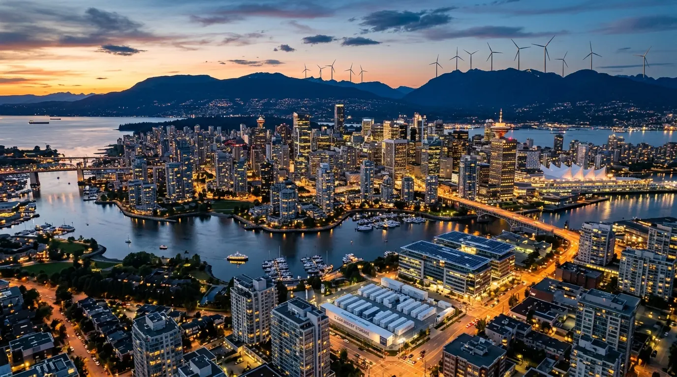 Aerial view of a Canadian city transitioning to clean renewable energy