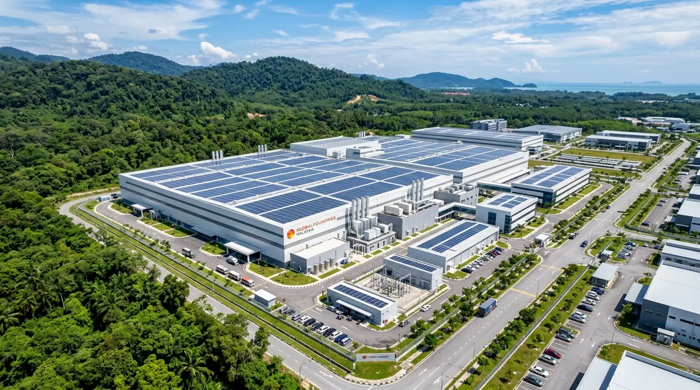 Aerial view of a high-tech semiconductor facility in Malaysia showcasing clean energy infrastructure