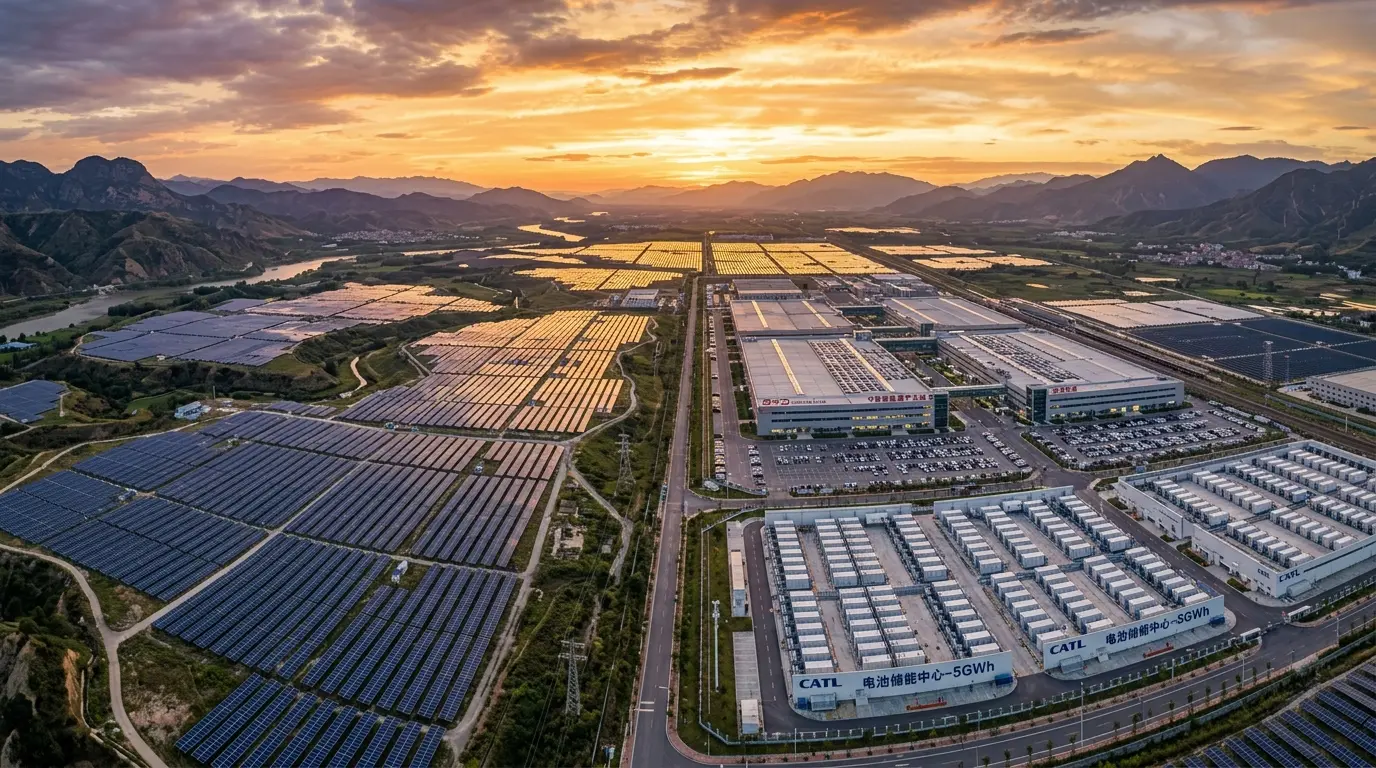 Aerial view of Chinese clean energy industrial complex with solar panels and factories