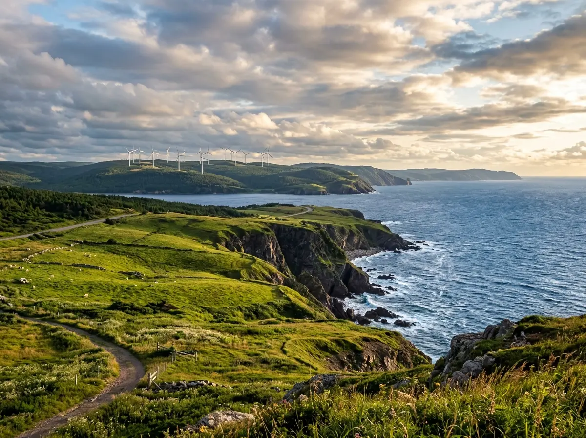 Cape Breton coastal landscape with wind turbines in Nova Scotia