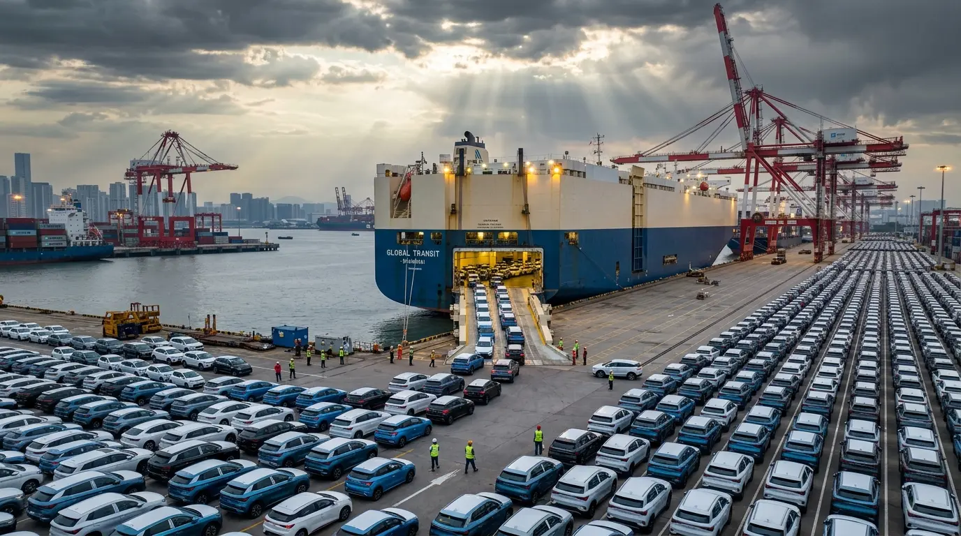 Chinese electric vehicles being exported at a busy international shipping port