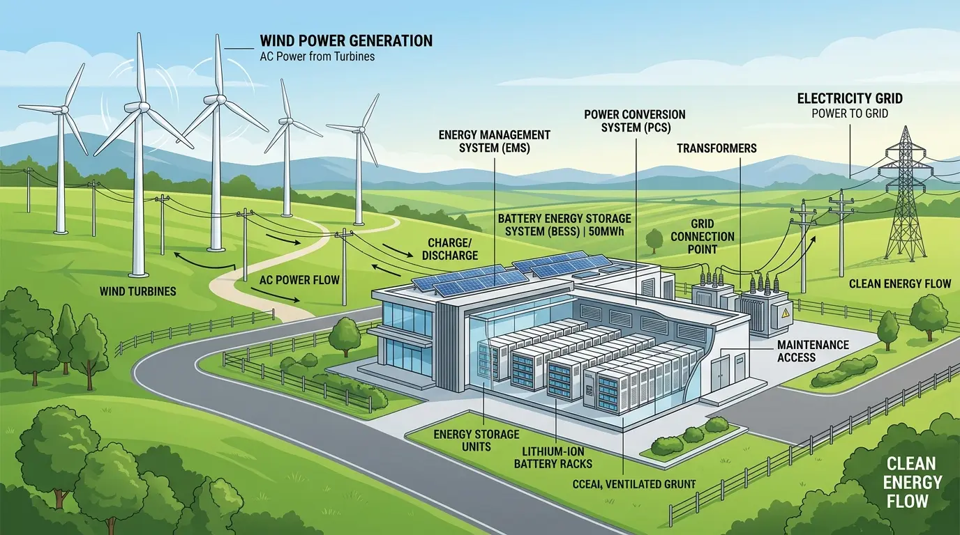 Diagram showing hybrid wind and battery energy storage system integration