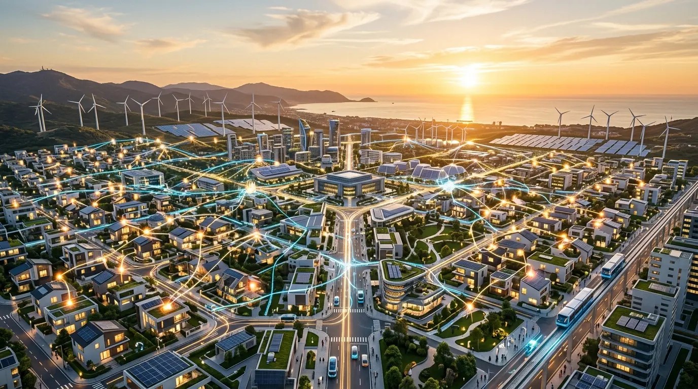 Futuristic smart city with thousands of grid-connected homes