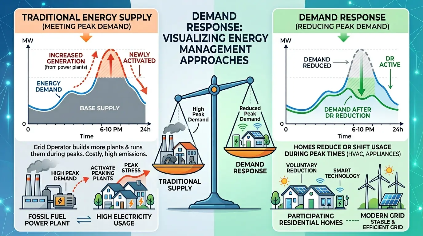 Infographic showing how demand response reduces energy consumption during peak periods