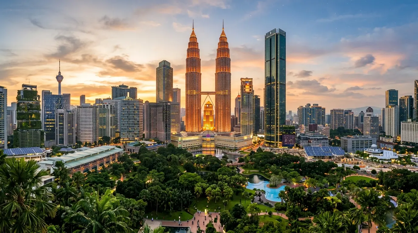 Kuala Lumpur skyline at golden hour showcasing Malaysia's blend of urban development and green ambitions