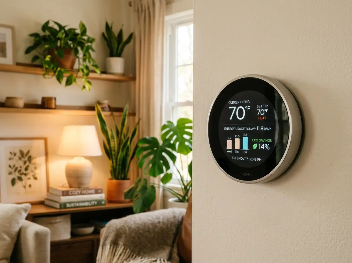 Modern smart thermostat displaying energy data in a living room