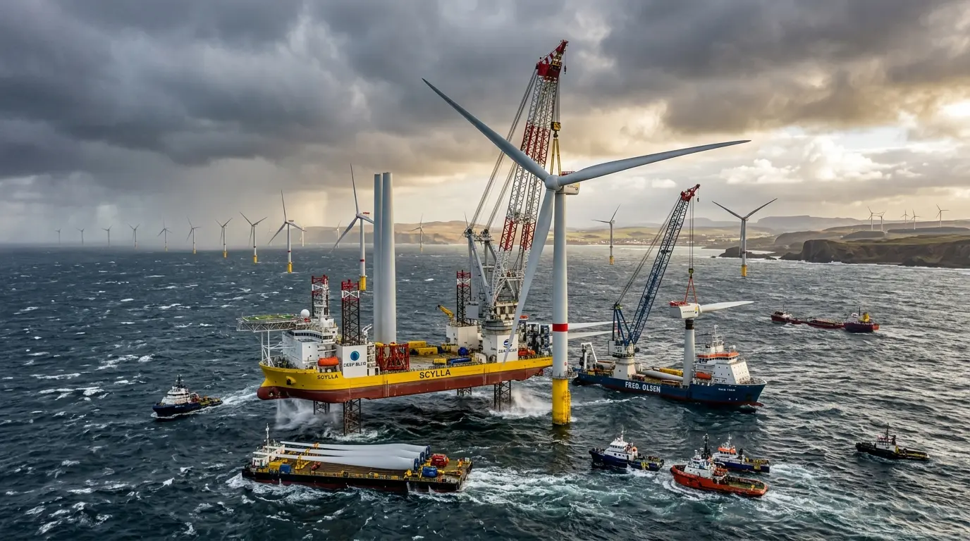 Offshore wind turbine farm construction near European coastline