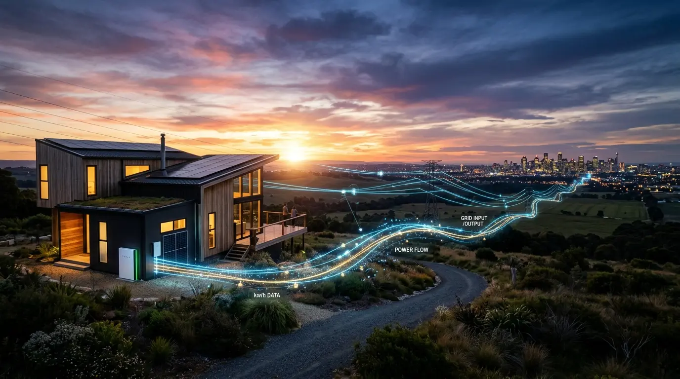 Smart home connected to the energy grid at sunset
