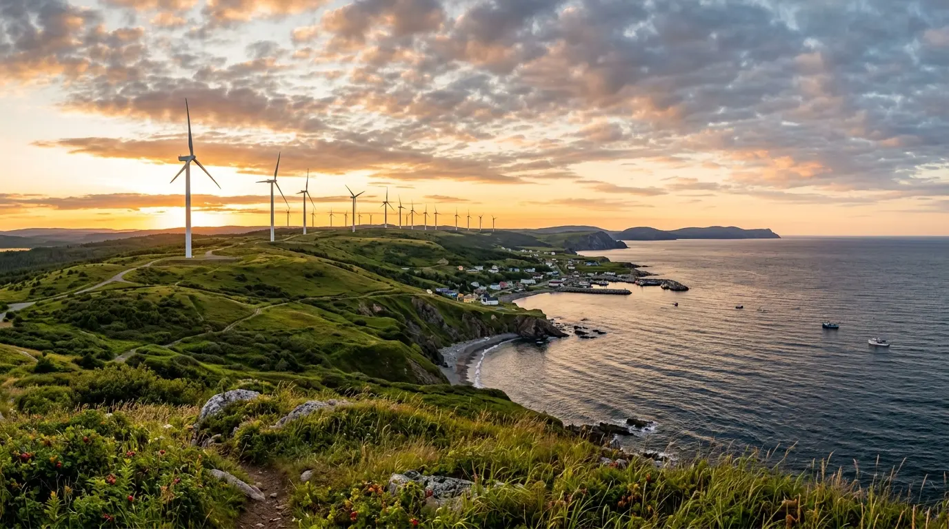 Wind turbines on Nova Scotia's coastline overlooking the Atlantic Ocean
