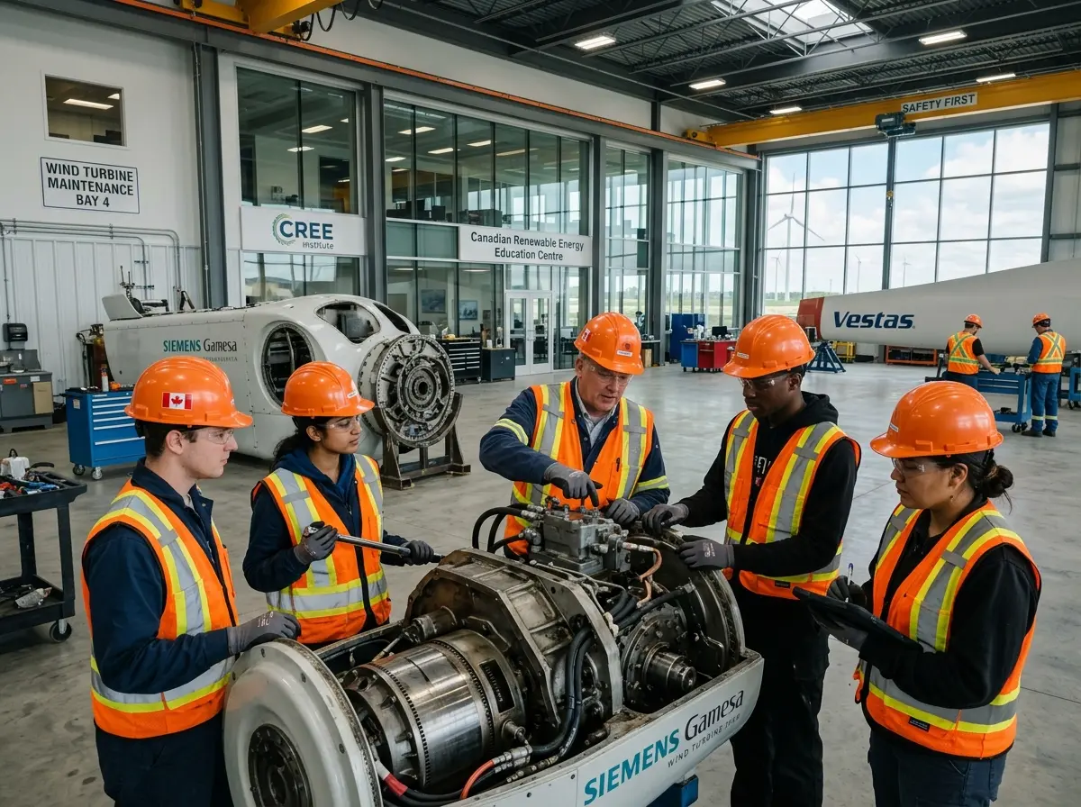 Workers receiving wind power operations and maintenance training
